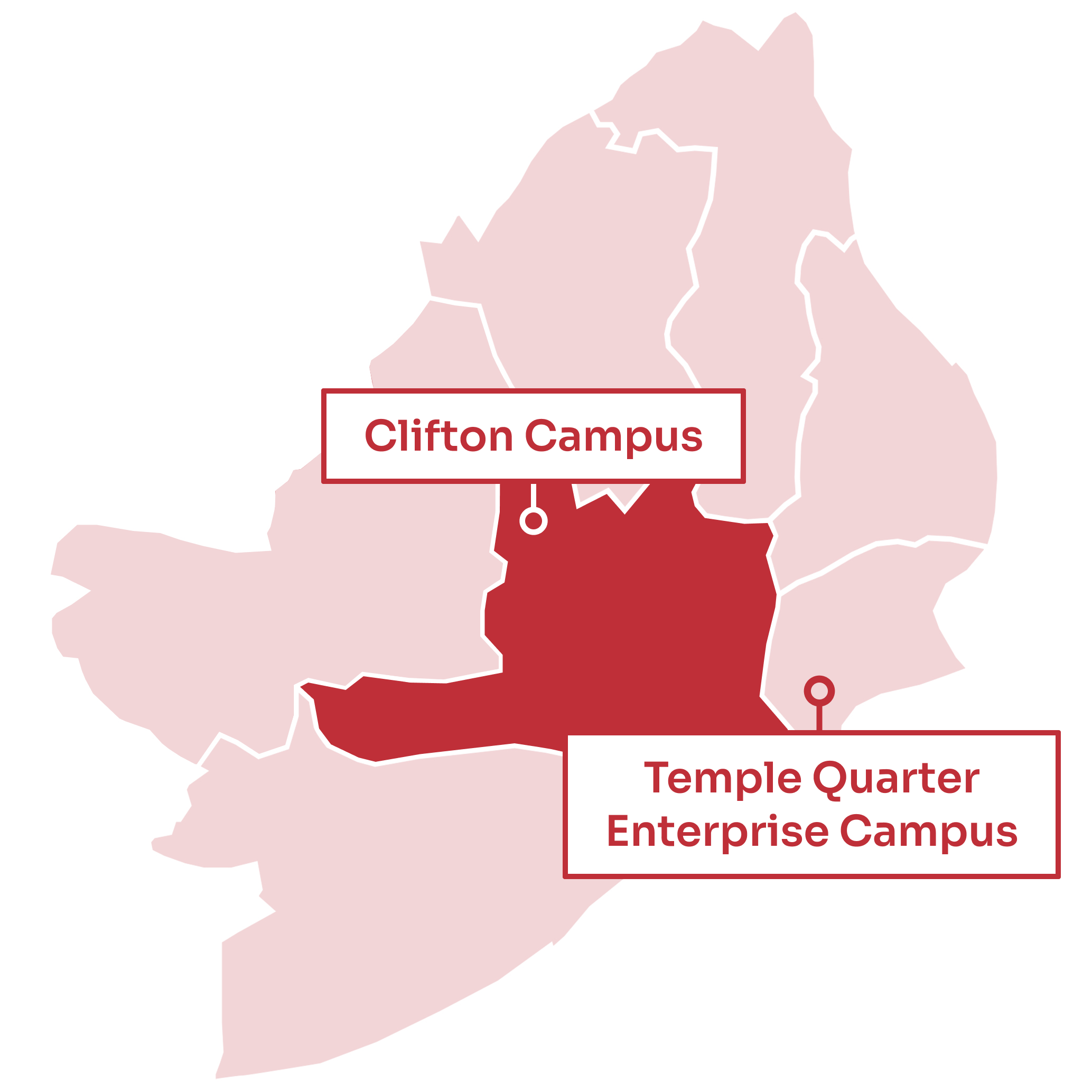 A map of Bristol with the city centre and harbourside area highlighted in the centre. Clifton Campus is to the north of the highlighted area. Temple Quarter Enterprise Campus is to the south east.